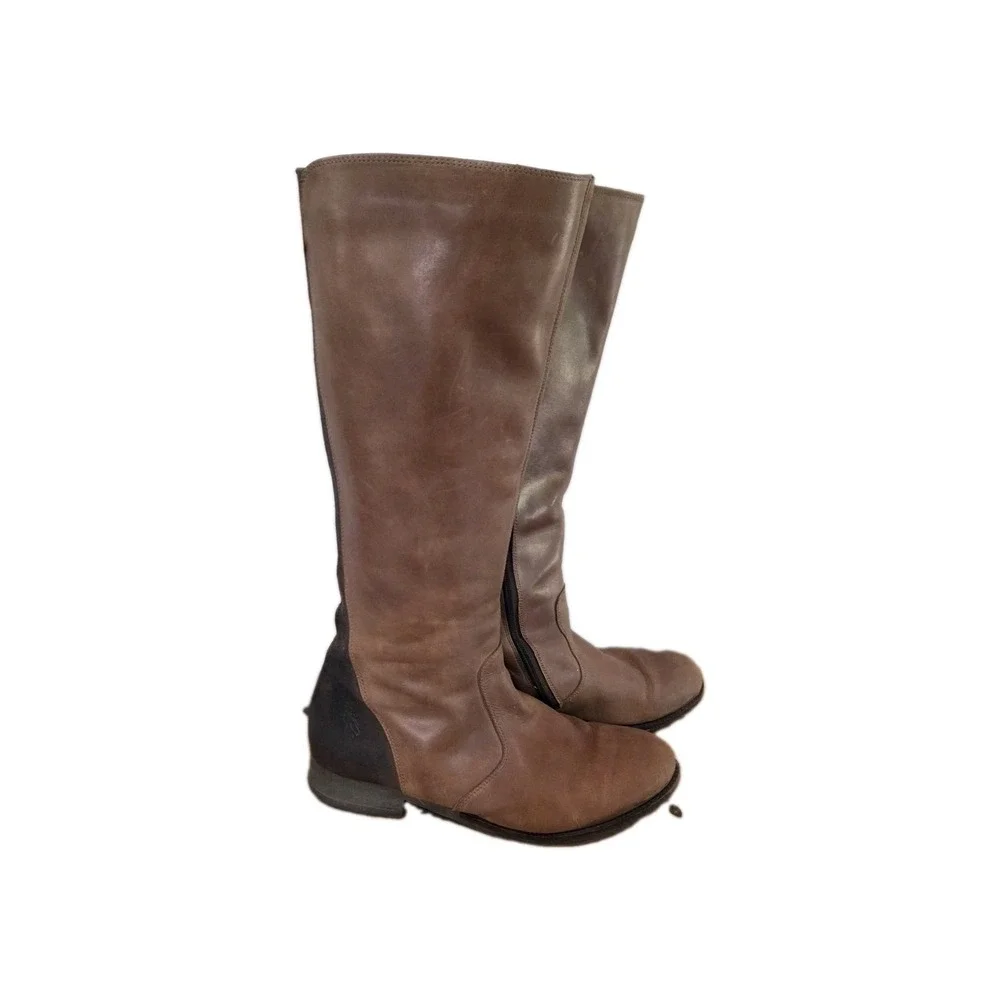 FLY London Women's 42 Brown Leather Knee High Riding Boots Zip Distressed